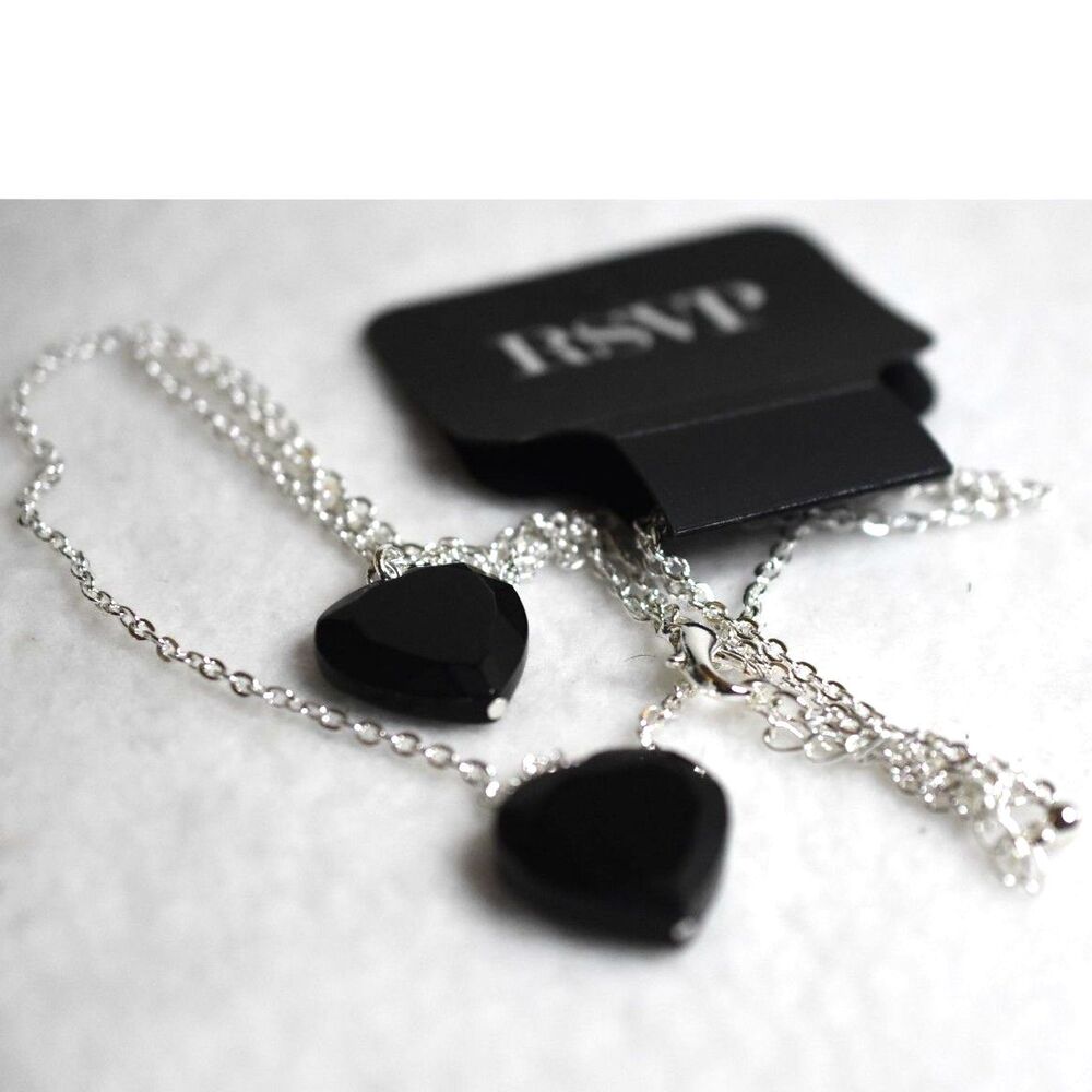 NWT RSVP Voguish Double Strand Black Onyx Hearts Silver Tone Link Chain Necklace